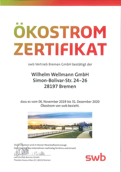 Ökostrom Zertifikat Wilhelm Wellmann GmbH